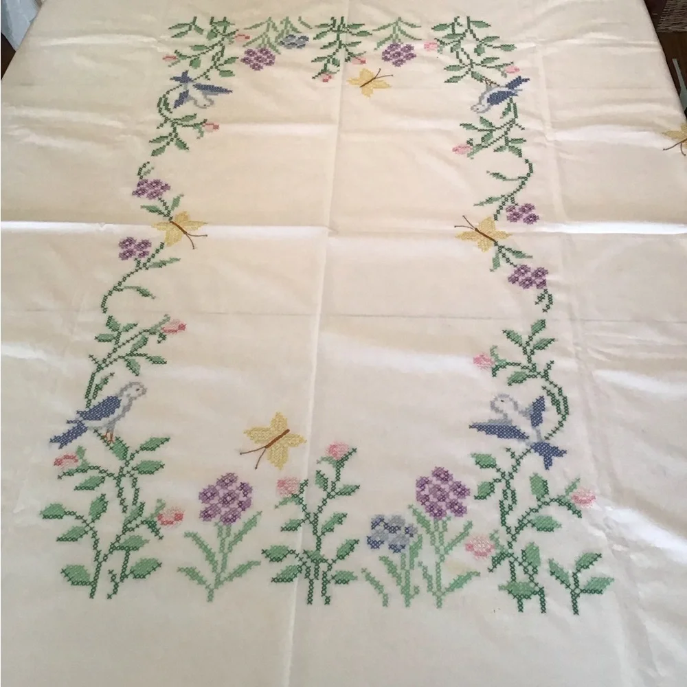 Hand cross stitched rectangle birds and butterflies tablecloth